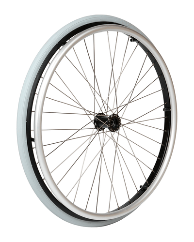 22" Rad, schwarze ø12 x 53 mm Nabe, inkl. 1 3/8" PU Bereifung und 4L silber Alu Greifring
